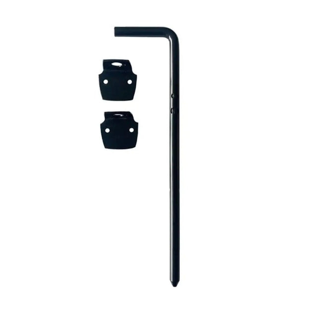 Black metal bracket with two attachments on a white background