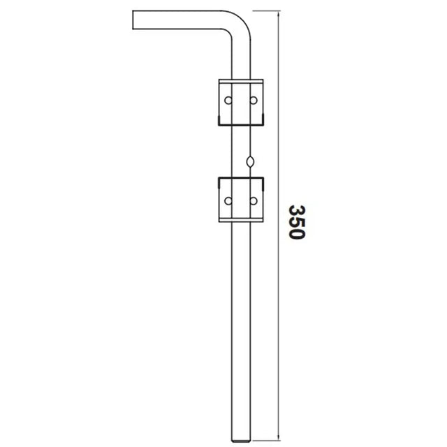 Technical drawing of a metal rod with brackets and measurements on a white background
