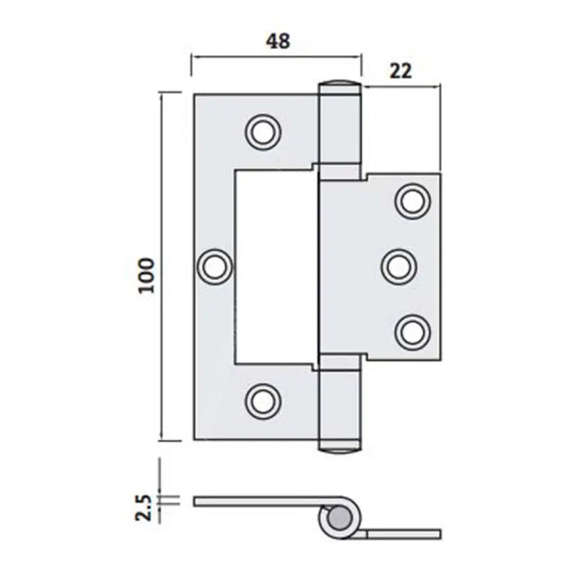 Technical drawing of a metal hinge with dimensions labeled