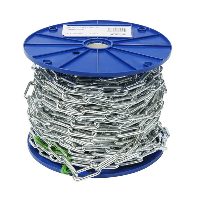 Spool of chain on a blue reel with a white background
