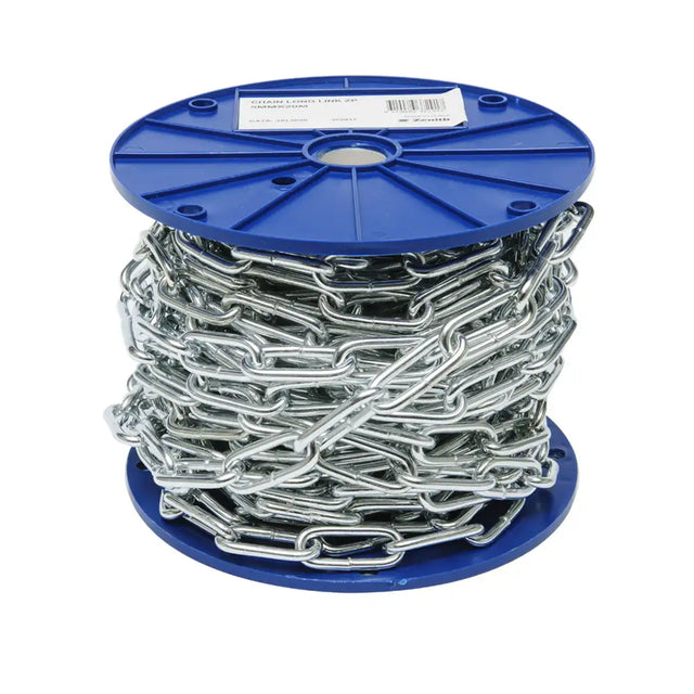 Spool of chain on a blue reel with a white background