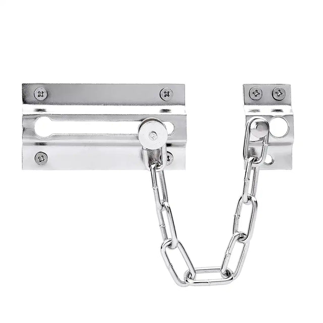 Metal door chain lock on a white background