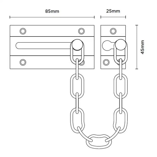 Technical drawing of a metal chain lock with dimensions on a white background