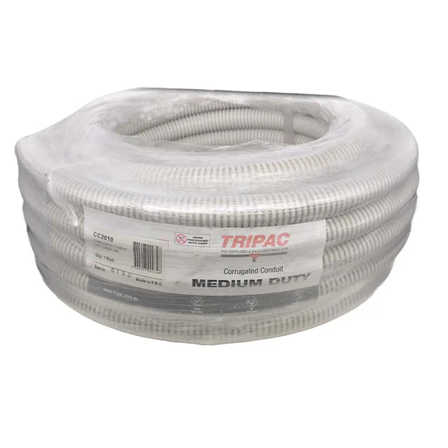 Coiled medium-duty corrugated conduit with Tripac branding on a white background