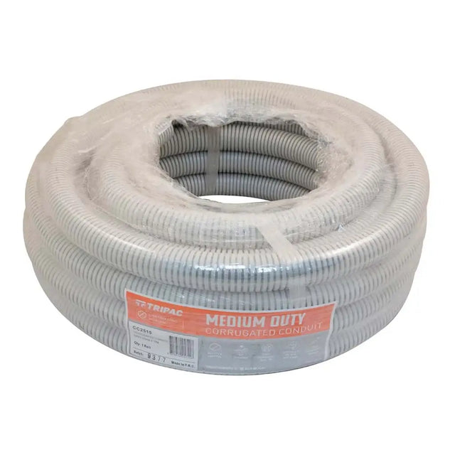 Coiled medium-duty corrugated conduit with a visible brand label on a white background
