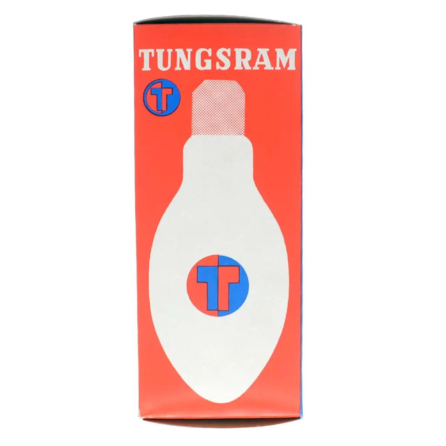 Tungsram light bulb packaging with red background and Tungsram logo.