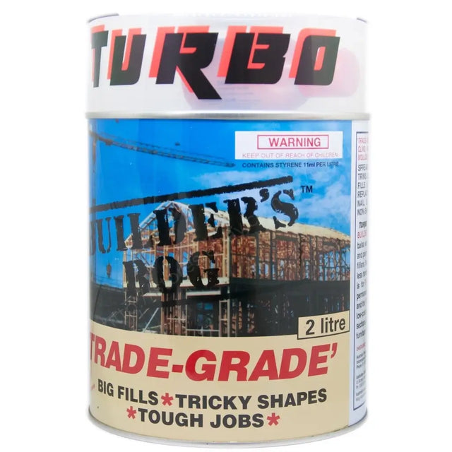 Can of 'Builder's Hog Turbo' trade-grade paint with a warning label on a white background