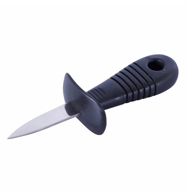 Black-handled knife with a metallic blade on a white background