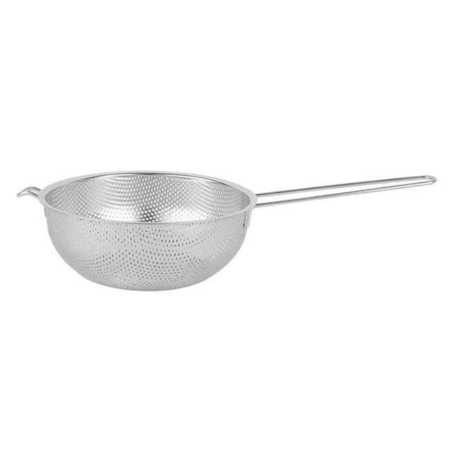 Metal strainer with handle on a white background