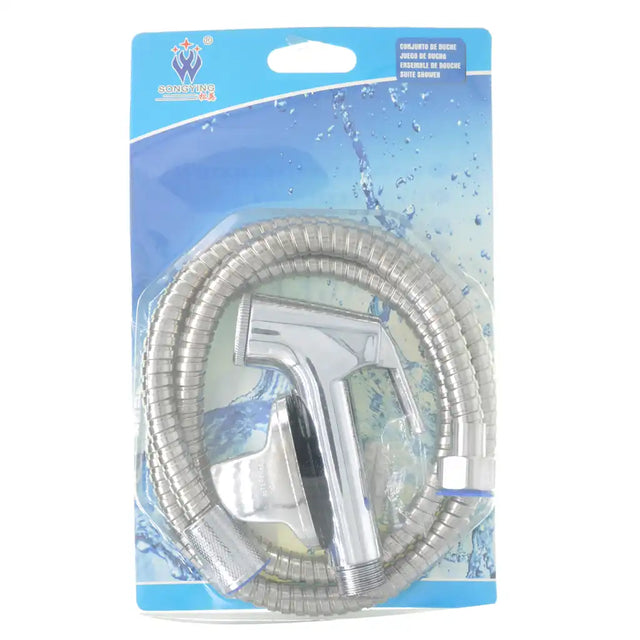 Shower head and hose set in packaging with blue and white design
