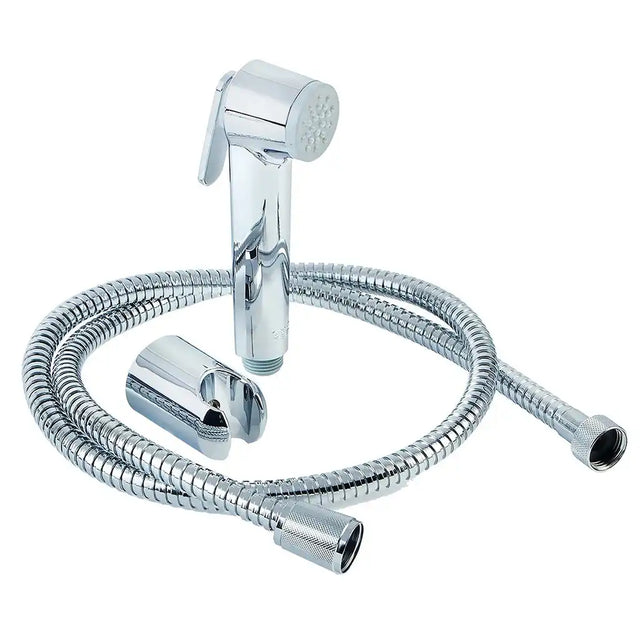 Chrome handheld shower head with flexible hose on a white background