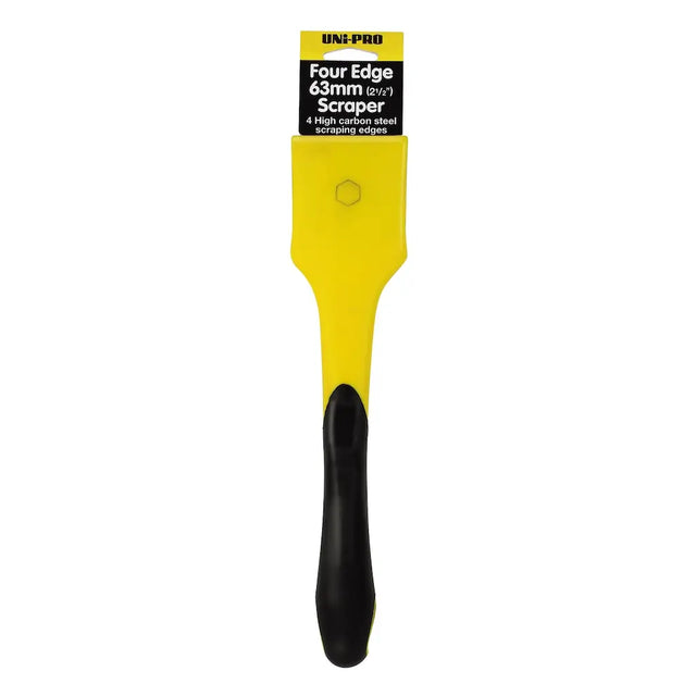 Yellow scraper with black handle on a white background
