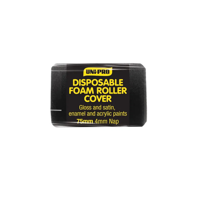Disposable foam roller cover packaging with black and yellow text on a white background