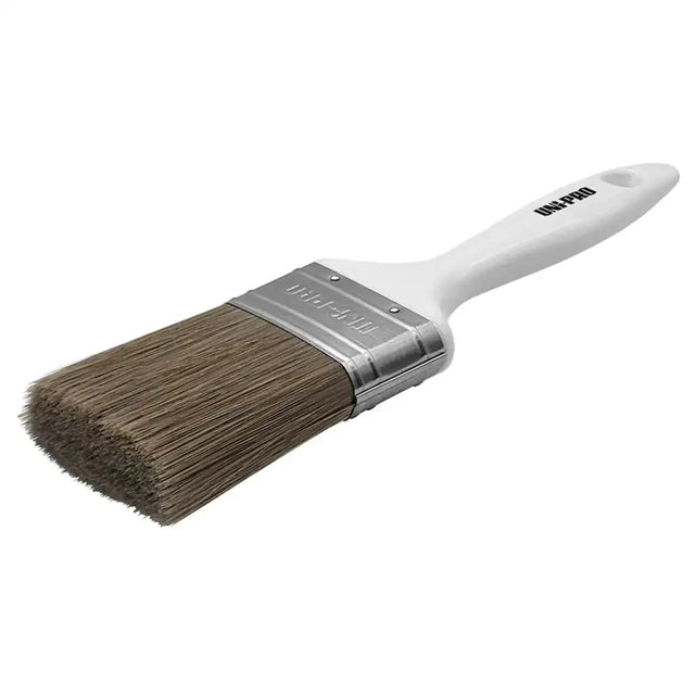 Paint brush with white handle and brown bristles on a white background