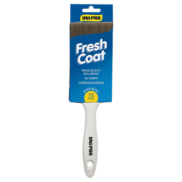 Paint brush with blue packaging labeled 'Fresh Coat' and 'UNI-PRO' on a white background