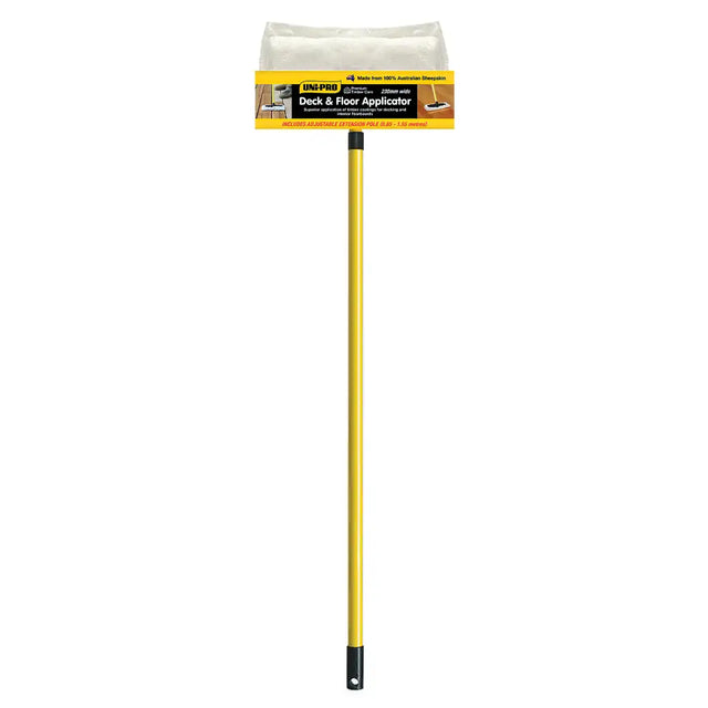 Deck and floor applicator with yellow handle on a white background