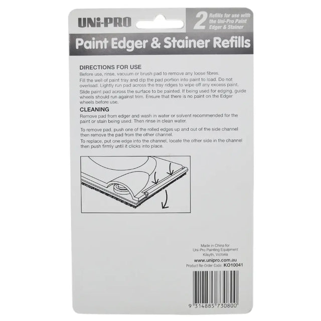 Back of a UNI-PRO Paint Edger & Stainer Refills packaging with usage directions and branding.