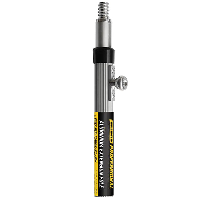 Aluminum extension pole with black and yellow label on a white background