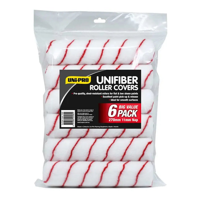 Pack of Uni-Pro Unifiber roller covers with red stripes on a white background