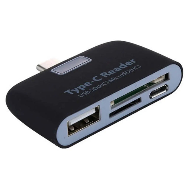 Black USB hub with multiple ports on a white background