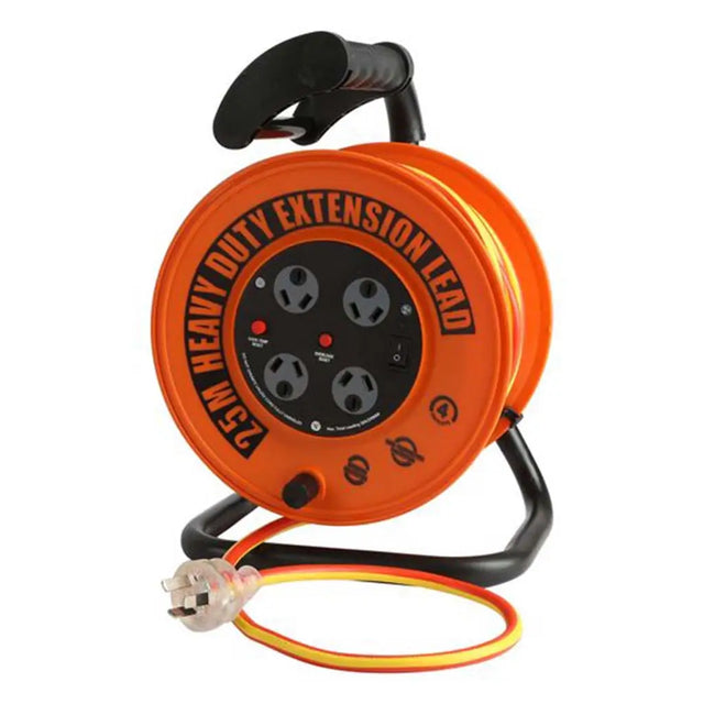 Orange extension cord reel with black handle on a white background