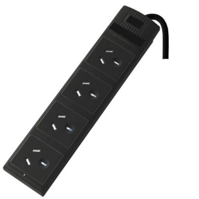 Black power strip with multiple outlets on a white background