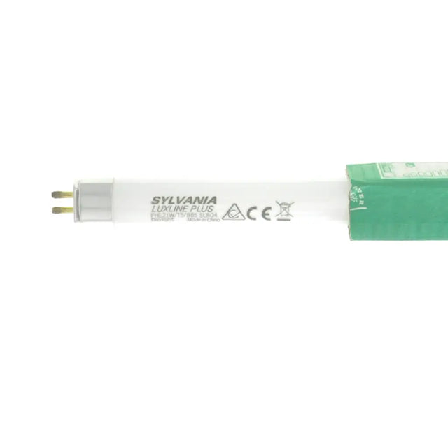Sylvania fluorescent light bulb with packaging on a white background