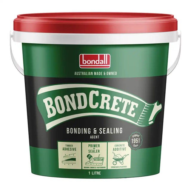 Green and red bucket of Bondall Bondcrete bonding and sealing agent on a white background