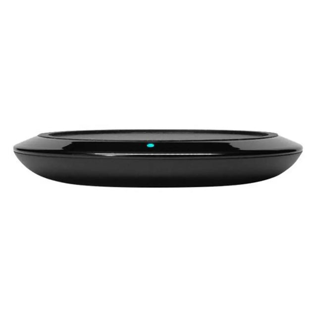 Black wireless charging pad on a white background