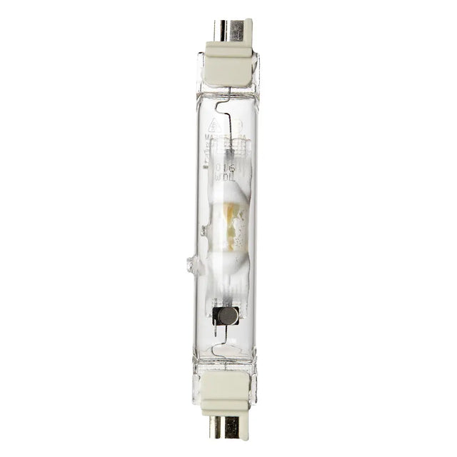 Clear light bulb with metal base on a white background