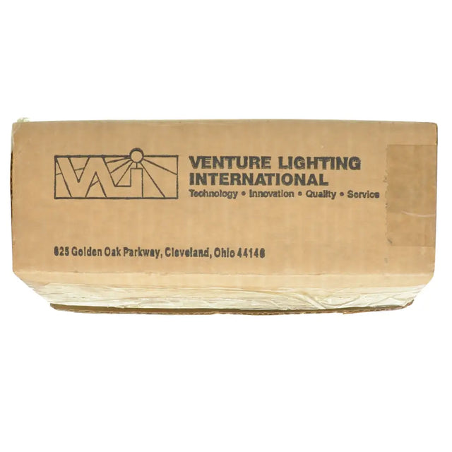 Cardboard box with Venture Lighting International branding on a white background