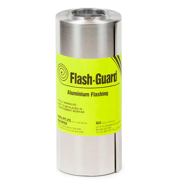 Roll of Flash-Guard aluminium flashing with a yellow label on a white background