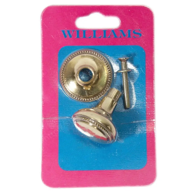 Metallic knobs on a Williams branded card with pink and blue design