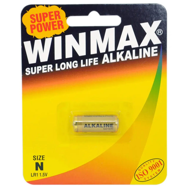 WINMAX alkaline battery packaging with 'Super Power' and 'Super Long Life' text on a yellow and orange background.