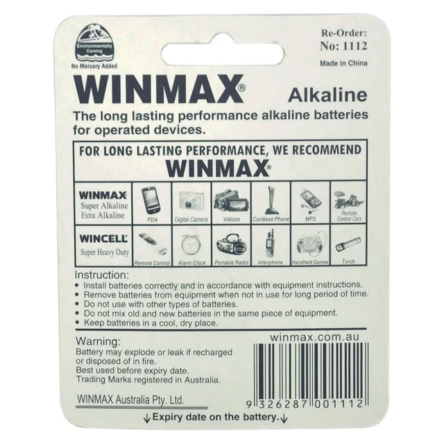WINMAX alkaline battery packaging with product details and usage information.