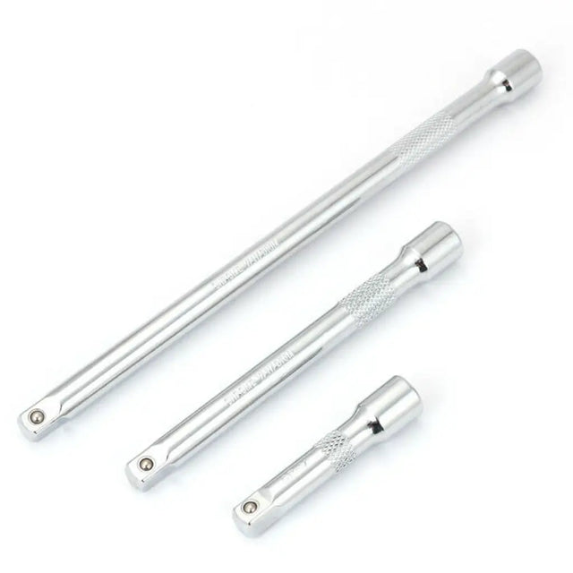 Set of three metallic tools on a white background