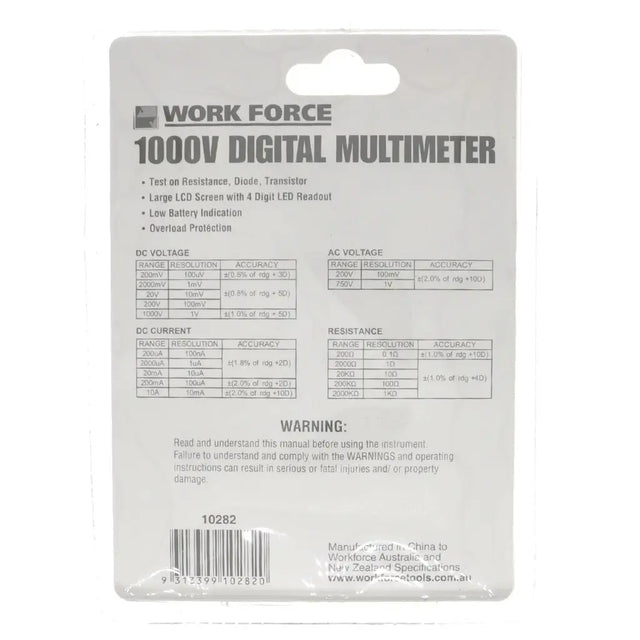Work Force 1000V digital multimeter packaging with specifications on a white background