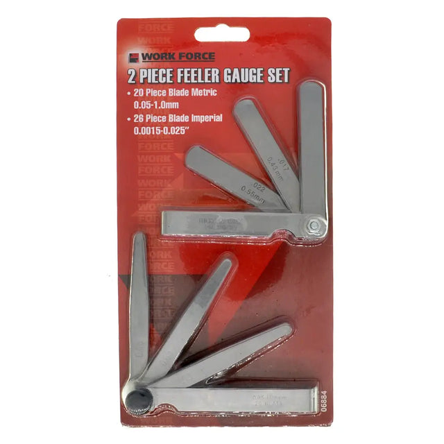 Work Force 2-piece feeler gauge set in packaging on a white background