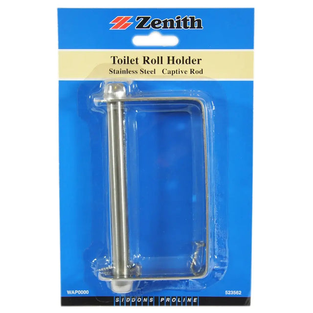 Zenith stainless steel toilet roll holder in packaging with blue background