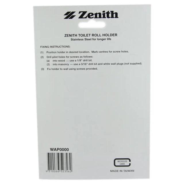 Zenith toilet roll holder packaging with fixing instructions and branding details.