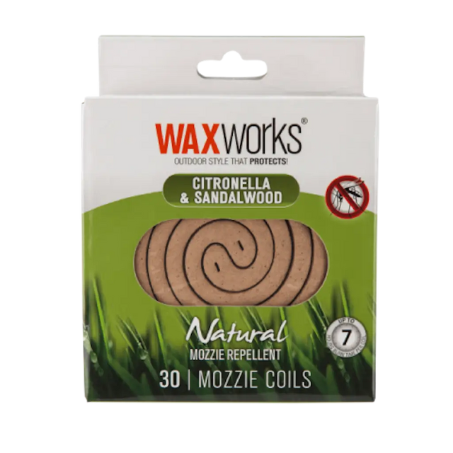 Waxworks mozzie coils packaging with green grass background