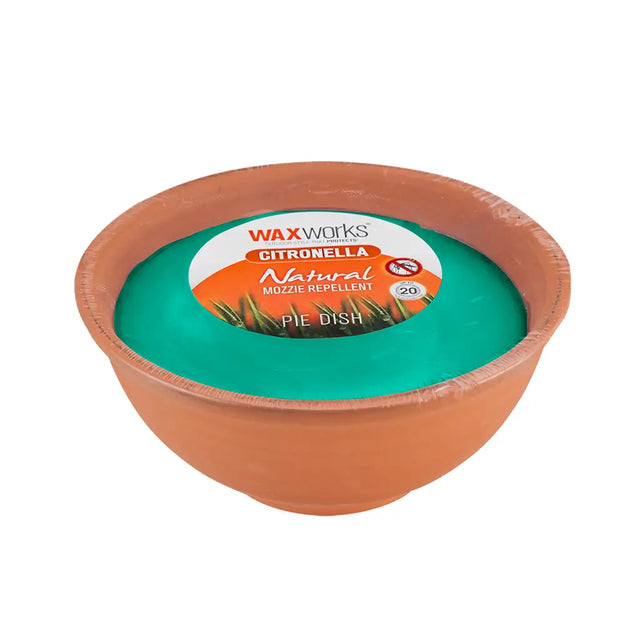 Waxworks Citronella mozzie repellent pie dish on a white background