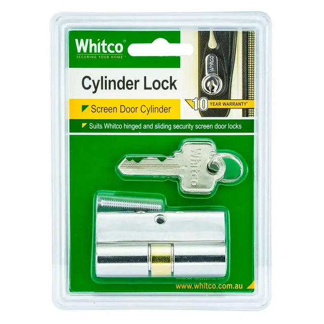Whitco cylinder lock packaging with key and lock mechanism on a white background