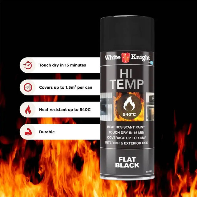 White Knight Hi Temp spray paint can with flame design on a black background