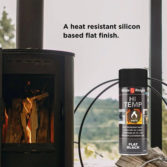 Can of White Knight Hi Temp paint next to a fireplace with text about heat-resistant silicon finish.