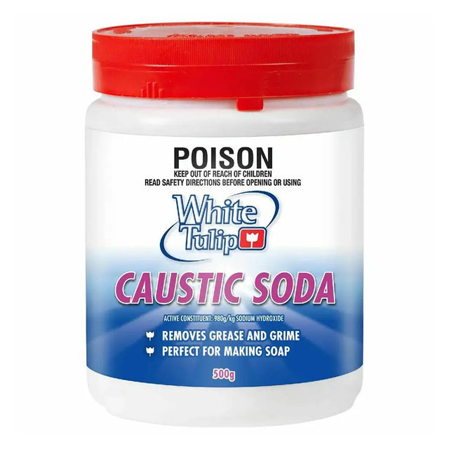Container of White Tulip Caustic Soda with red lid on a white background