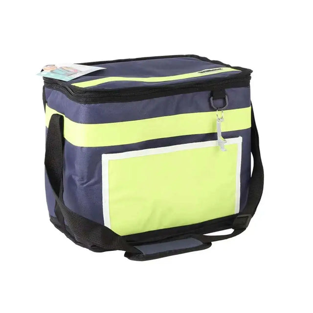 Navy and lime green cooler bag on a white background