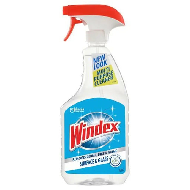 Windex multi-purpose cleaner bottle with red trigger on a white background