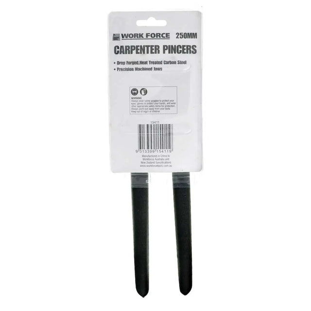 Pair of carpenter pincers with packaging labeled 'Work Force' on a white background