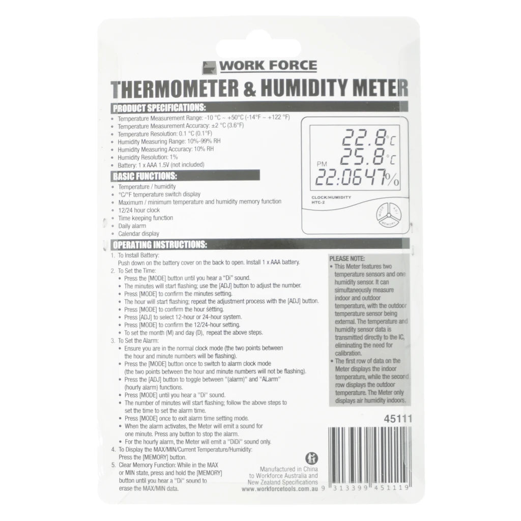 Work Force Indoor & Outdoor Thermometer & Humidity Meter 45111